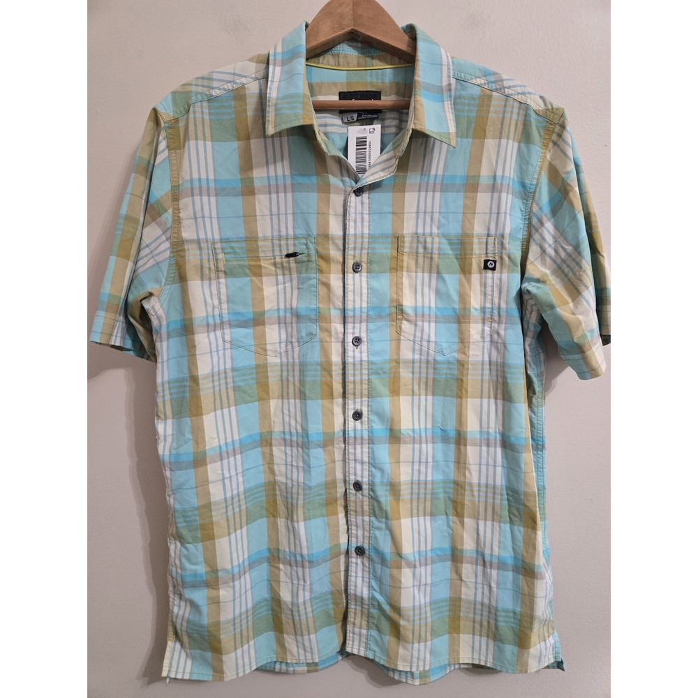 Marmot Plaid Shirt Men's Large Blue Green Short Sleeve Outdoor Hiking NWT